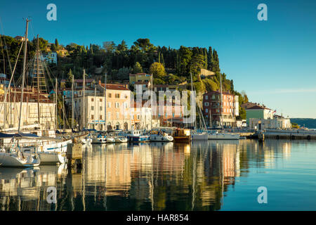 La lumière du soleil du soir sur le port de plaisance et bâtiments de Piran, Slovénie Primorska, Banque D'Images