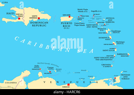 Carte politique des Petites Antilles. L'Caribbees avec Haïti, la République dominicaine et Porto Rico dans la mer des Caraïbes. Banque D'Images