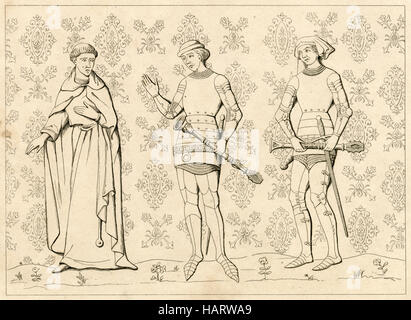 Gravure ancienne, vers 1860, représentant le 13ème siècle, l'uniforme de français un homme religieux et Sergent d'armes. Gravure de Charles Vernier (1831). SOURCE : gravure originale. Banque D'Images