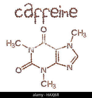 La caféine molécule chimique de la structure. La formule de structure de la caféine avec café en grains brun foncé. Banque D'Images