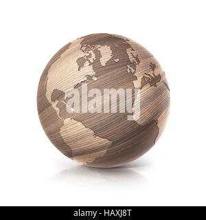 Bois de chêne globe 3D illustration de la carte de l'amérique du nord et du sud sur fond blanc Banque D'Images