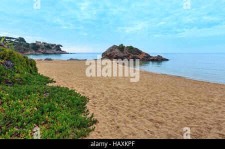 La plage de La Fosca matin d'été paysage avec les ruines du château de Sant Esteve de Mar) et de fleurs, Palamos, Girona, Costa Brava, Espagne. Banque D'Images