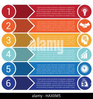 Des cercles, des flèches colorées et bandes horizontales, bars, infochart présentation areachart ou modèles pour 6 positions infographie Illustration de Vecteur