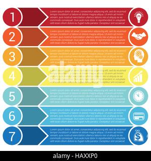 Des cercles, des flèches colorées et bandes horizontales, bars, infochart présentation areachart ou modèles pour 7 positions infographie Illustration de Vecteur