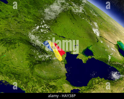 Pavillon de la Moldova sur surface de la planète depuis l'espace. Illustration 3D réaliste très détaillées avec surface de la planète et nuages dans l'atmosphère. Éléments de Banque D'Images