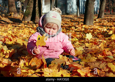 Bébé joue avec les feuilles d'automne jaune dans le parc Banque D'Images