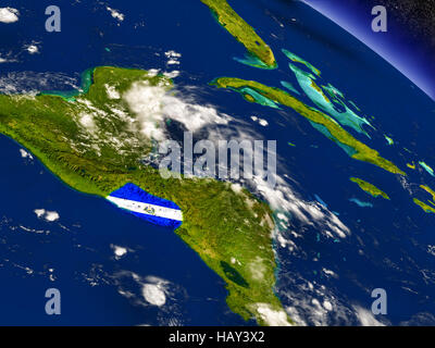Pavillon d'El Salvador sur surface de la planète depuis l'espace. Illustration 3D réaliste très détaillées avec surface de la planète et nuages dans l'atmosphère. Elements Banque D'Images
