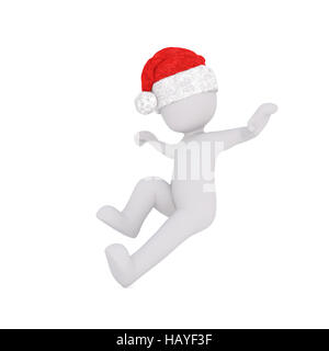 Peu enjoué 3d man in a red Santa Claus hat pour Noël sautant en l'air en mouvement,rendus illustration on white Banque D'Images