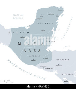 Carte politique de la zone maya. La civilisation méso-américaine et la haute culture de l'Amérique pré-colombienne. Banque D'Images