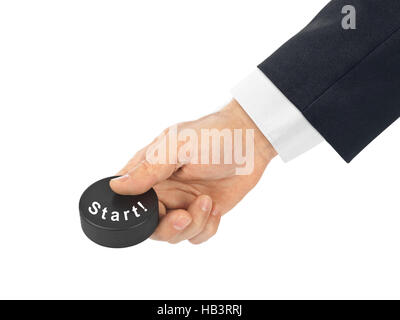 La main avec rondelle de hockey début Banque D'Images