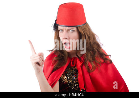 Femme portant fez hat isolated on white Banque D'Images