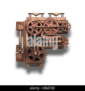 F lettre rouillé avec gears on white Banque D'Images