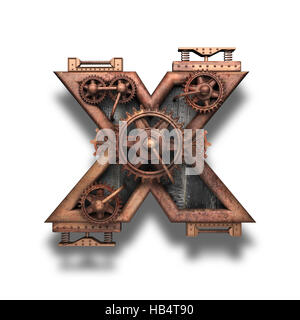 X lettre rouillé avec gears on white Banque D'Images