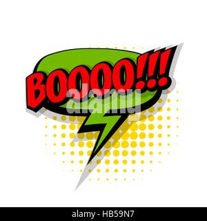 Boo de lettrage. Effets sonores texte comique style pop art vecteur. Discours de la bulle sonore bande dessinée caricature texte phrase sons expression illustration. Texte de la bande dessinée Illustration de Vecteur