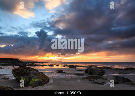 Des roches couvertes d'algues marines, au coucher du soleil sur Derrymore strand sur la péninsule de Dingle, dans le comté de Kerry, Irlande Banque D'Images