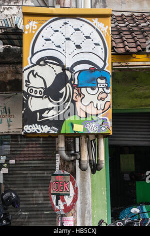 Street art sur une armoire électrique en extérieur dans Paris. Le street art à Yogyakarta a souvent un message politique. L'île de Java en Indonésie. Banque D'Images