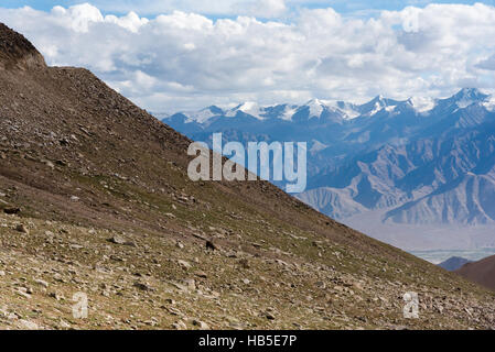 Les pentes d'herbe rocheux avec une vue sur les montagnes de l'Himalaya au Ladakh, Inde, Asie Banque D'Images