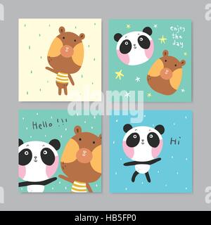 Adorable Ensemble de cartes de souhaits avec de belles et ours panda dans différentes couleurs Illustration de Vecteur