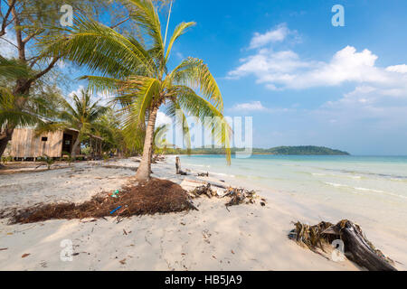 Tropical Beach de Ko Rong avec mer vague sur le sable et palmiers Banque D'Images