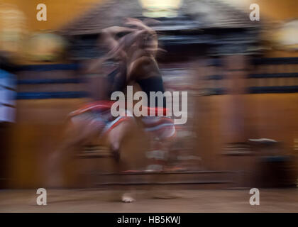 Arts martiaux Kalaripayattu action dans le Kerala Kathakali Centre à Kochi, Inde Banque D'Images