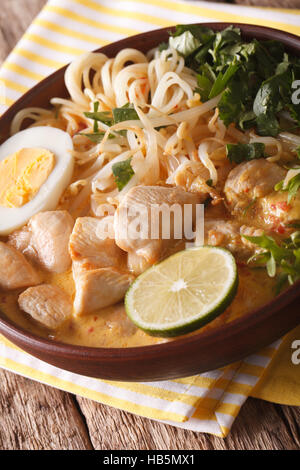 Soupe Laksa au poulet, oeuf, pâtes de riz, de germes de soja et la coriandre dans un bol sur la table. La verticale Banque D'Images