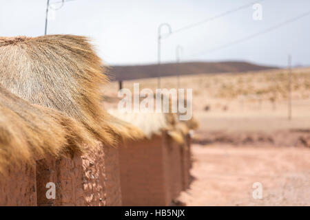 Maisons d'Adobe sur l'Altiplano bolivien avec cordillère des Andes, en Bolivie Banque D'Images