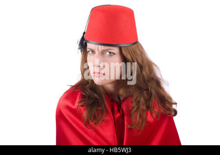 Femme portant fez hat isolated on white Banque D'Images