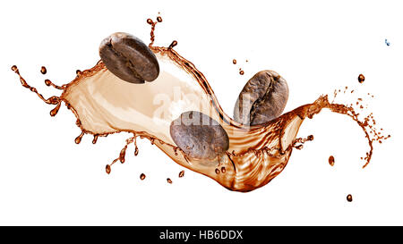 Café en grains avec splash isolated on white Banque D'Images