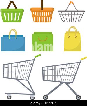 Panier, panier, chariot, panier. Icon Set, Télévision style. Supermarché d'achat. Isolé sur fond blanc. Vector illustration Illustration de Vecteur