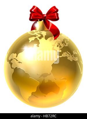 Une illustration d'un globe terrestre d'or monde arbre de Noël Décoration ornement babiole avec un ruban rouge bow Banque D'Images