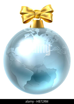 Une illustration d'un globe terrestre d'argent monde arbre de Noël Décoration ornement babiole avec un ruban rouge bow Banque D'Images