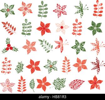 L'hiver et Noël fleurs, feuilles et branches dans les couleurs rouge et vert avec des formes géométriques abstraites Illustration de Vecteur