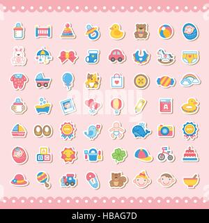 Adorable bébé autocollant coloré connexes icons set Illustration de Vecteur