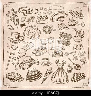 Dessiné à la main rétro style fashion éléments dans ligne mince Illustration de Vecteur