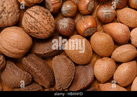 Vue générale de noix mélangées avec des noisettes, noix, amandes et noix du Brésil. Banque D'Images