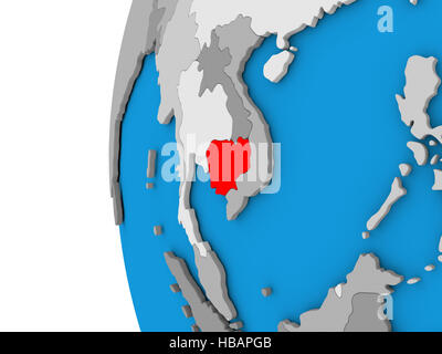 3D de la carte du Cambodge a porté en rouge sur simple globe. 3D illustration Banque D'Images