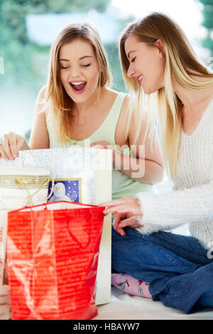 Deux filles étaient assis avec leurs sacs de magasinage Banque D'Images