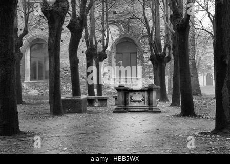 Monument de la renaissance situé dans le jardin de la Villa Reale de Vigevano, noir et blanc. Banque D'Images