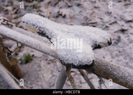 Berlin, Allemagne. 5 déc, 2016. Location d'un siège recouvert d'une fine couche de neige dans le parc de l'Wildenbruch square dans le quartier de Neukölln à Berlin, Allemagne, 5 décembre 2016. Photo : Paul Zinken/dpa/Alamy Live News Banque D'Images