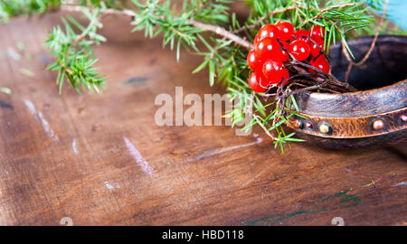 Scène d'hiver avec des branches vertes de pins, Holly, Juniper, cônes, star, fruits rouges à l'épine-vinette du semoir en bois naturel patiné, arrière-plan sur l'écorce à l'extérieur et de l'espace, lumière du jour Banque D'Images