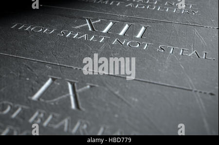 Un gros plan de rendu 3D des dix commandements gravés dans une tablette de pierre soulignant la huitième Banque D'Images