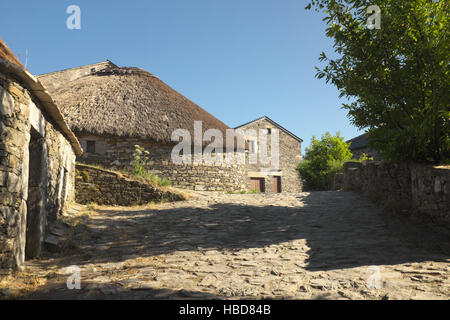 Rue traditionnelle dans le hameau de montagne d'Ocebeira, Galice, Espagne, connu pour ses orques en pierre de chaume huttes connues sous le nom de pallozas. Banque D'Images