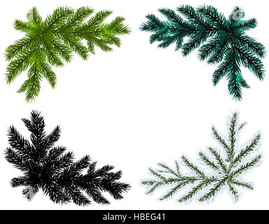 Set. Bleu, noir, blanc et vert des branches d'arbre de Noël sur un fond illustration isolé. Illustration de Vecteur