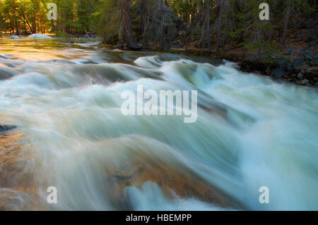 Tenaya Creek inférieur pendant la crue printanière, sortie du lac Miroir inférieur au lever du soleil, Yosemite National Park Banque D'Images