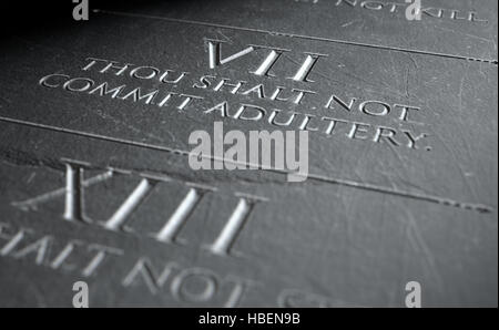 Un gros plan de rendu 3D des dix commandements gravés dans une tablette de pierre soulignant la septième Banque D'Images