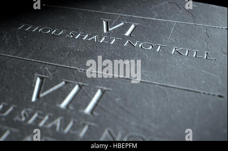 Un gros plan de rendu 3D des dix commandements gravés dans une tablette de pierre soulignant la sixième Banque D'Images