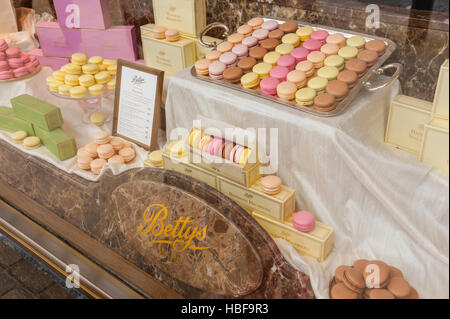 Macarons dans la fenêtre du salon de thé Bettys Harrogate. Banque D'Images