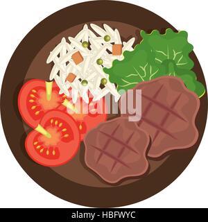 De délicieux menus de viande et de riz salade,tomates,sur fond blanc, vector illustration. Illustration de Vecteur