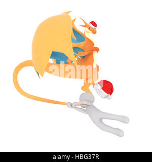 3d man swinging sur la queue d'un dragon ailé volant dans l'air avec son chapeau de Père Noël tomber derrière, rendu isolé sur blanc illustration Banque D'Images
