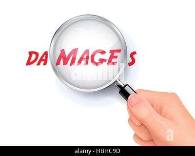 Dommages-intérêts mot montrant par loupe tenu dans la main Illustration de Vecteur